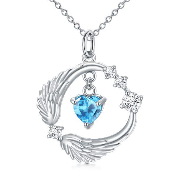 Sterling Silver Silver Plated Blue Topaz and Zircon Guardian Angel Wings Pendant Necklace-0