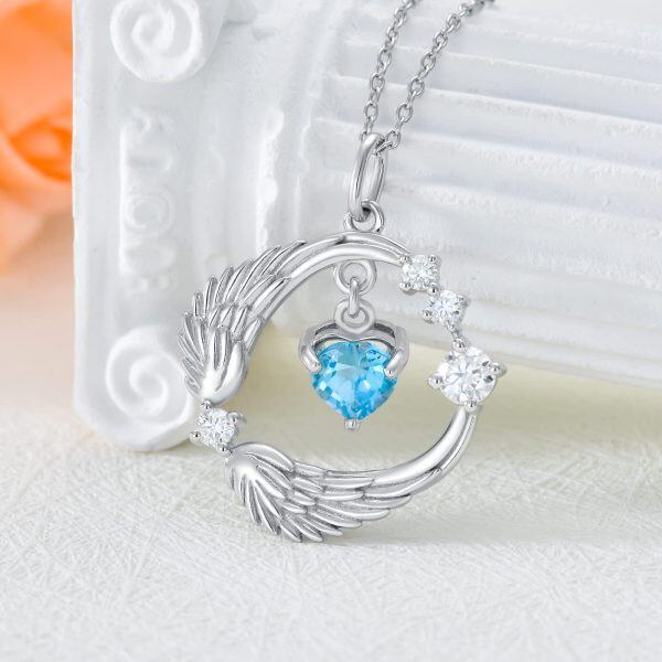 Sterling Silver Silver Plated Blue Topaz and Zircon Guardian Angel Wings Pendant Necklace-2