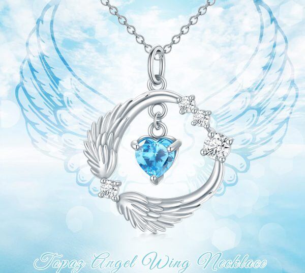 Sterling Silver Silver Plated Blue Topaz and Zircon Guardian Angel Wings Pendant Necklace-4