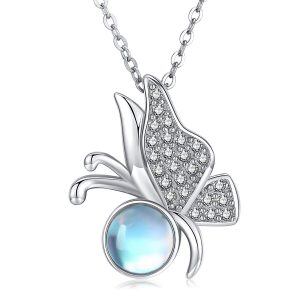 Sterling Silver Silver Plated Moonstone and Zircon Butterfly Pendant Necklace -0