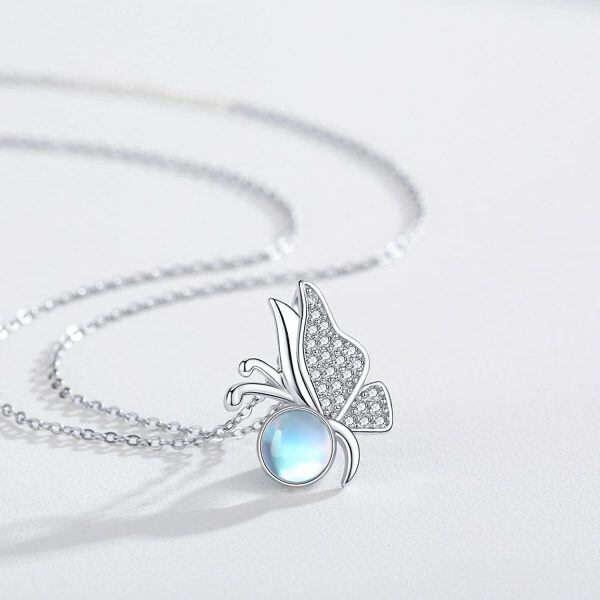 Sterling Silver Silver Plated Moonstone and Zircon Butterfly Pendant Necklace -1