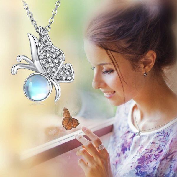 Sterling Silver Silver Plated Moonstone and Zircon Butterfly Pendant Necklace -5