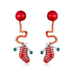 Sterling Silver Silver Plated Zircon Christmas Stocking Dangle Earrings -0