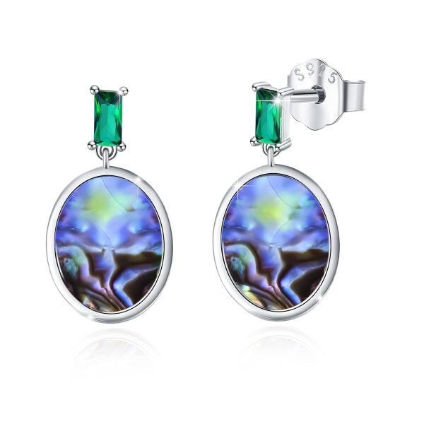 Sterling Silver Silver Plate Oval Natural Abalone Drop Dangle Earrings -0