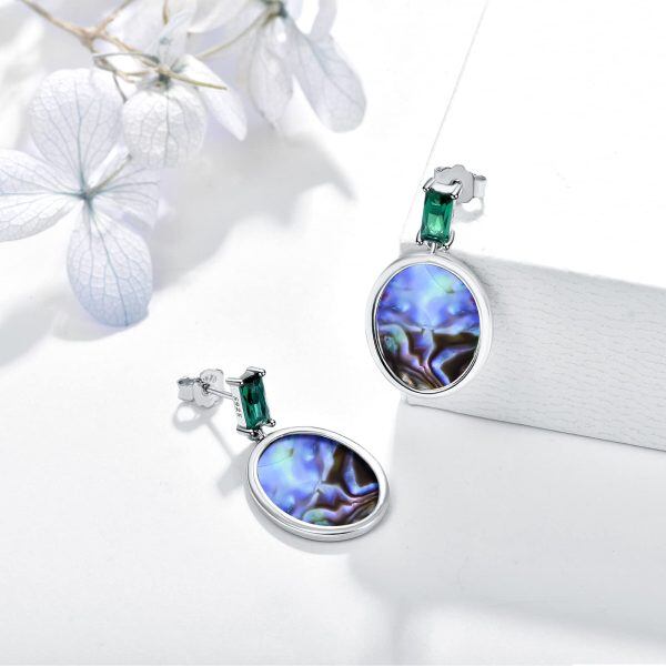 Sterling Silver Silver Plate Oval Natural Abalone Drop Dangle Earrings -1