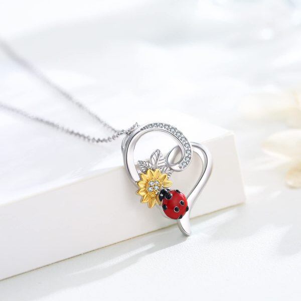 Sterling Silver Two Tone Color Zircon Ladybug Pendant Necklace-2