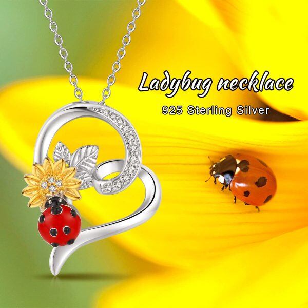 Sterling Silver Two Tone Color Zircon Ladybug Pendant Necklace-5