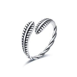 Sterling Silver Oxidized Feather Adjustable Open Ring-0