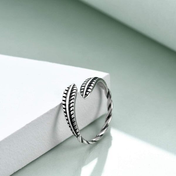 Sterling Silver Oxidized Feather Adjustable Open Ring-1