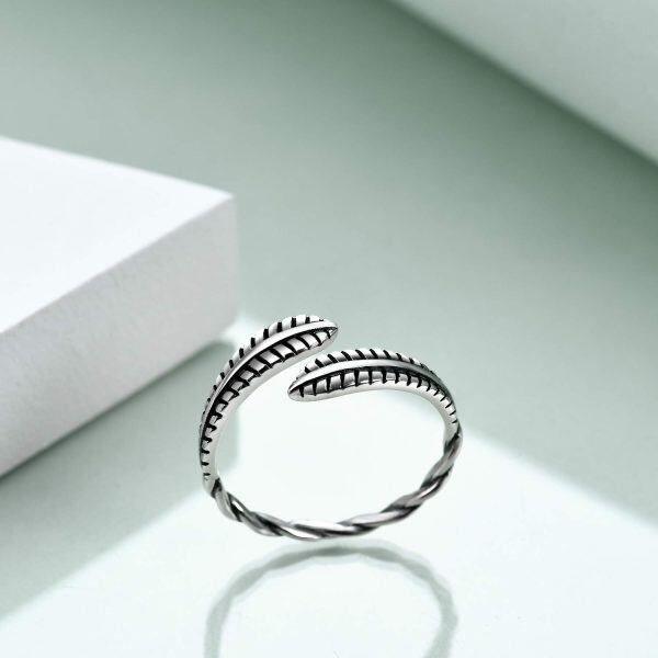 Sterling Silver Oxidized Feather Adjustable Open Ring-2