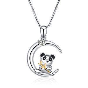 Sterling Silver Two Tone Color Zircon Panda Pendent Necklace -0