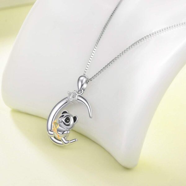 Sterling Silver Two Tone Color Zircon Panda Pendent Necklace -1