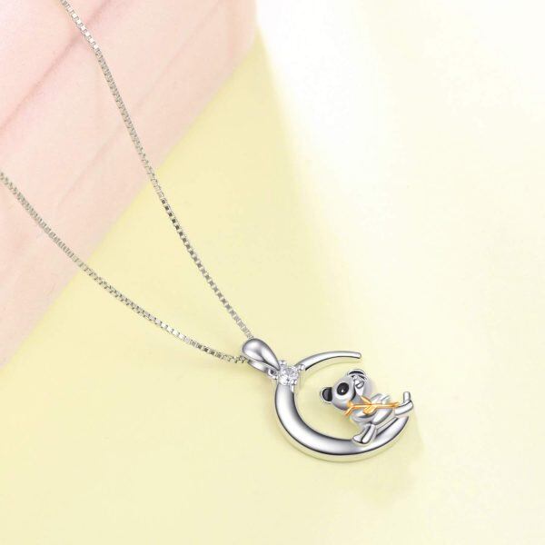 Sterling Silver Two Tone Color Zircon Panda Pendent Necklace -2