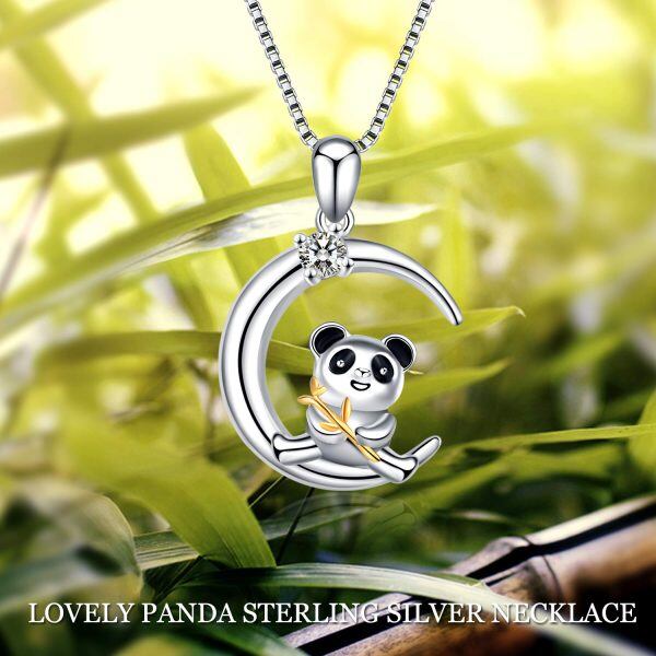 Sterling Silver Two Tone Color Zircon Panda Pendent Necklace -4