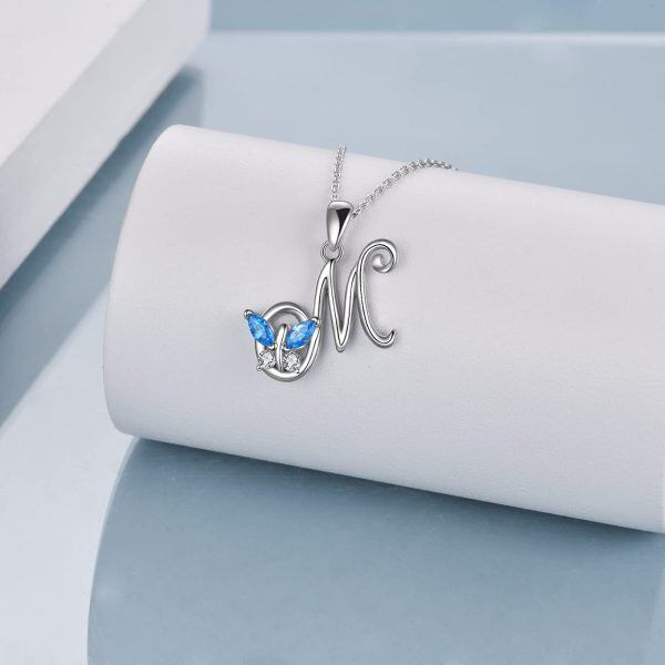 Sterling Silver Silver Plated Zircon Butterfly Initial Necklace-3