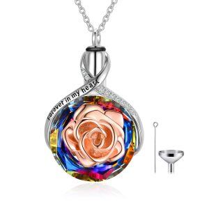 Sterling Silver Two Tone Color Crystal Engraved ' Forever in my heart' Rose Flower Urn Pendent Necklace-0