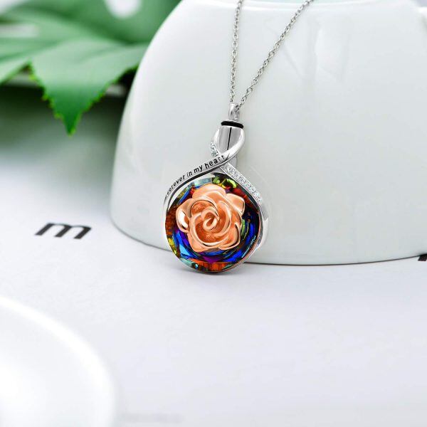 Sterling Silver Two Tone Color Crystal Engraved ' Forever in my heart' Rose Flower Urn Pendent Necklace-1