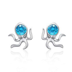 Sterling Silver Zircon Rhodium Plated Octopus Stud Earrings-0