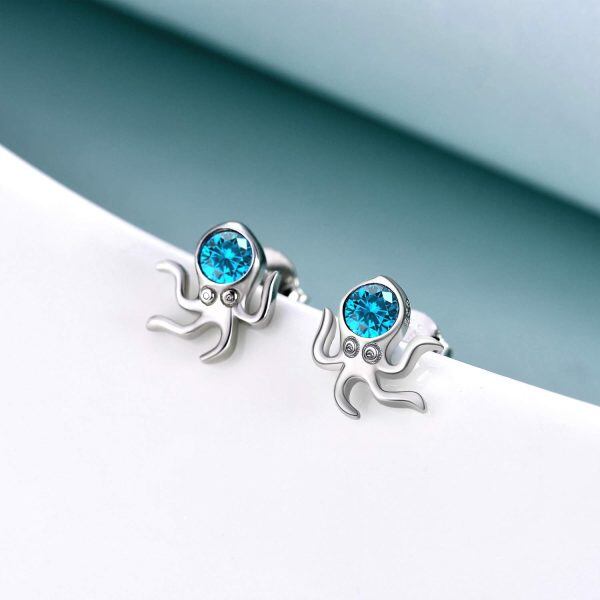 Sterling Silver Zircon Rhodium Plated Octopus Stud Earrings-2