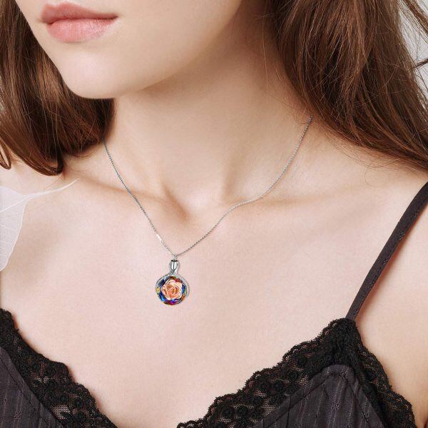 Sterling Silver Two Tone Color Crystal Engraved ' Forever in my heart' Rose Flower Urn Pendent Necklace-4