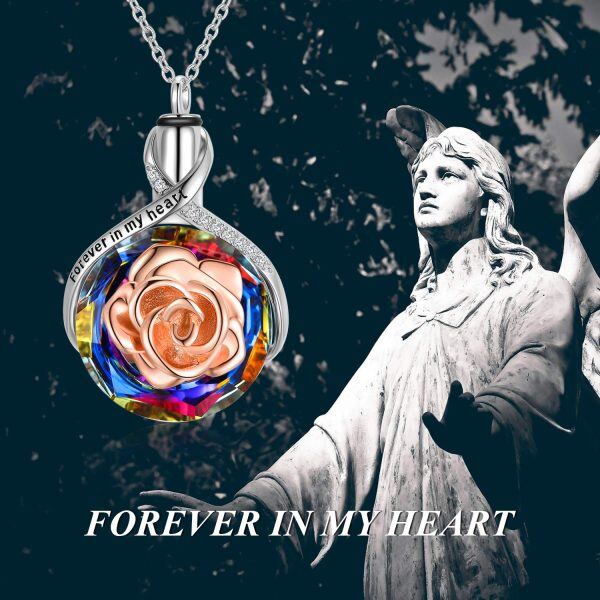 Sterling Silver Two Tone Color Crystal Engraved ' Forever in my heart' Rose Flower Urn Pendent Necklace-5