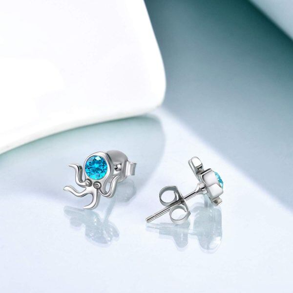 Sterling Silver Zircon Rhodium Plated Octopus Stud Earrings-3