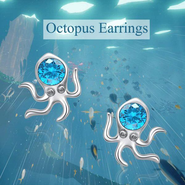 Sterling Silver Zircon Rhodium Plated Octopus Stud Earrings-4