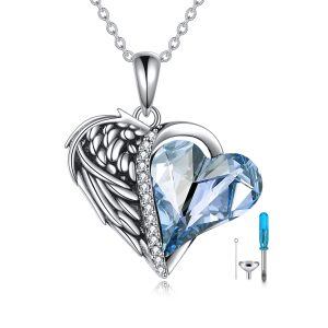 Sterling Silver Oxidized Crystal Heart Wings Necklace-0