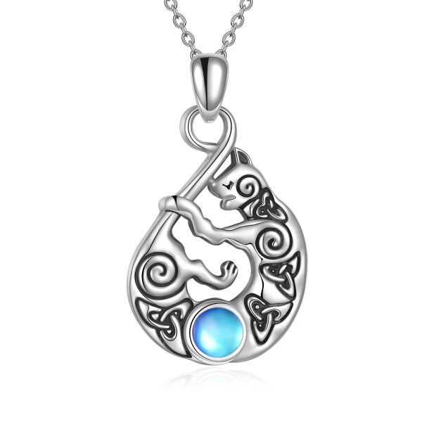 Sterling Silver Silver Plated Celtic Cat Moonstone Pendent Necklace-0