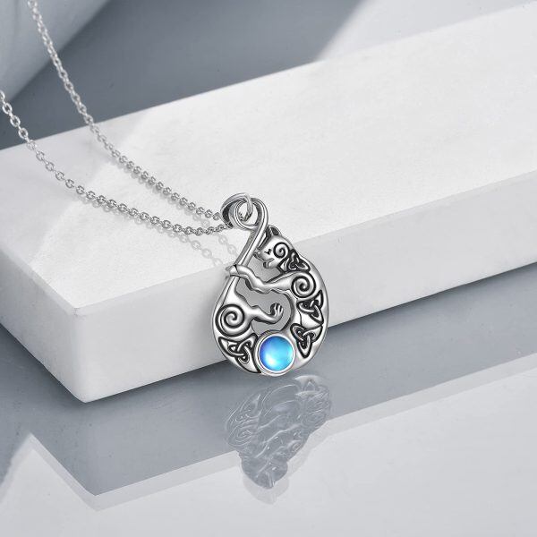 Sterling Silver Silver Plated Celtic Cat Moonstone Pendent Necklace-1