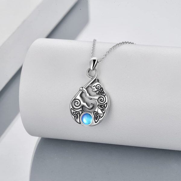 Sterling Silver Silver Plated Celtic Cat Moonstone Pendent Necklace-2