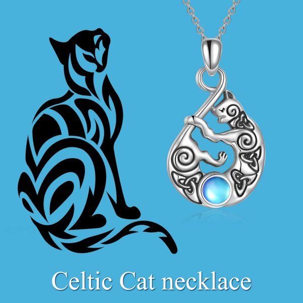 Sterling Silver Silver Plated Celtic Cat Moonstone Pendent Necklace-4