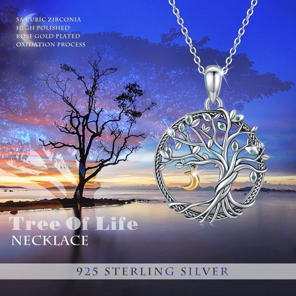 Sterling Silver Silver Plated Zircon Tree of Life Pendant Necklace -1