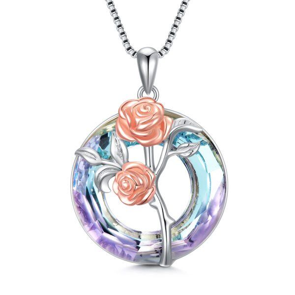 Sterling Silver Crystal Rhodium And Rose Gold Plated Rose Necklace-0