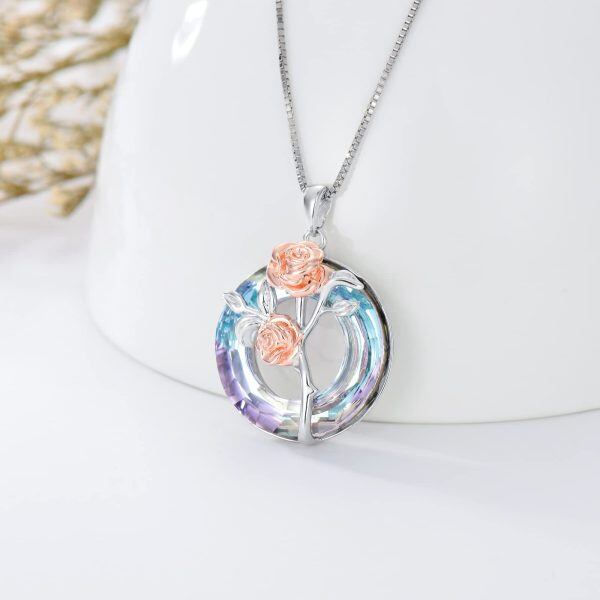 Sterling Silver Crystal Rhodium And Rose Gold Plated Rose Necklace-2