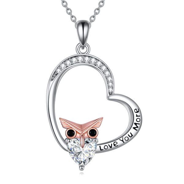 Sterling Silver Zircon Rhodium And Rose Gold Plated Owl Pendant Necklace-0