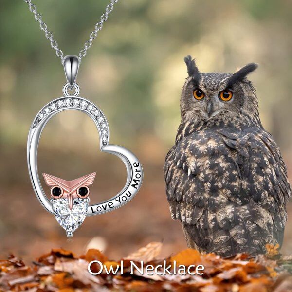 Sterling Silver Zircon Rhodium And Rose Gold Plated Owl Pendant Necklace-5