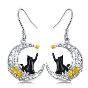 Sterling Silver Rhodium And Gold Plated Cat Earrings-0