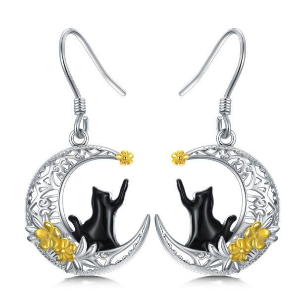 Sterling Silver Rhodium And Gold Plated Cat Earrings-0