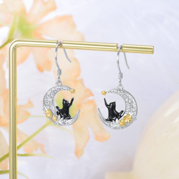 Sterling Silver Rhodium And Gold Plated Cat Earrings-1