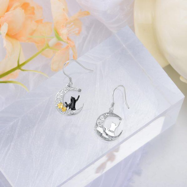 Sterling Silver Rhodium And Gold Plated Cat Earrings-3