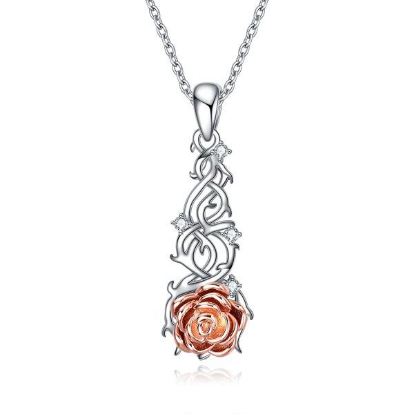 Sterling Silver Two Tone Color Zircon Rose Flower Pendent Necklace-0