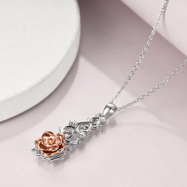 Sterling Silver Two Tone Color Zircon Rose Flower Pendent Necklace-2