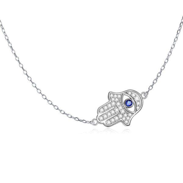 Sterling Silver Silver Plated Zircon Hamsa Hand of Fatima Evil Eye Sideways Choker Necklace-0