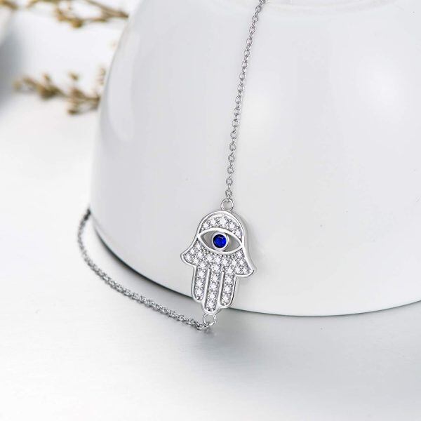 Sterling Silver Silver Plated Zircon Hamsa Hand of Fatima Evil Eye Sideways Choker Necklace-1