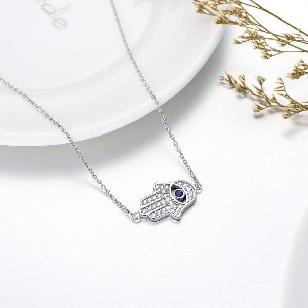 Sterling Silver Silver Plated Zircon Hamsa Hand of Fatima Evil Eye Sideways Choker Necklace-2