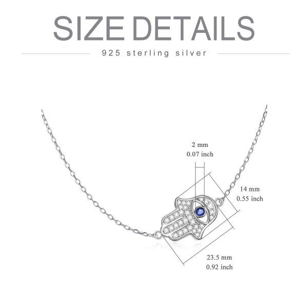 Sterling Silver Silver Plated Zircon Hamsa Hand of Fatima Evil Eye Sideways Choker Necklace-3