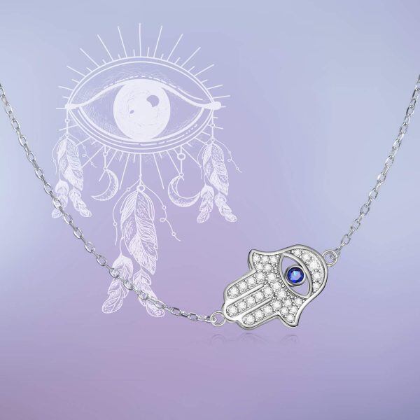 Sterling Silver Silver Plated Zircon Hamsa Hand of Fatima Evil Eye Sideways Choker Necklace-5