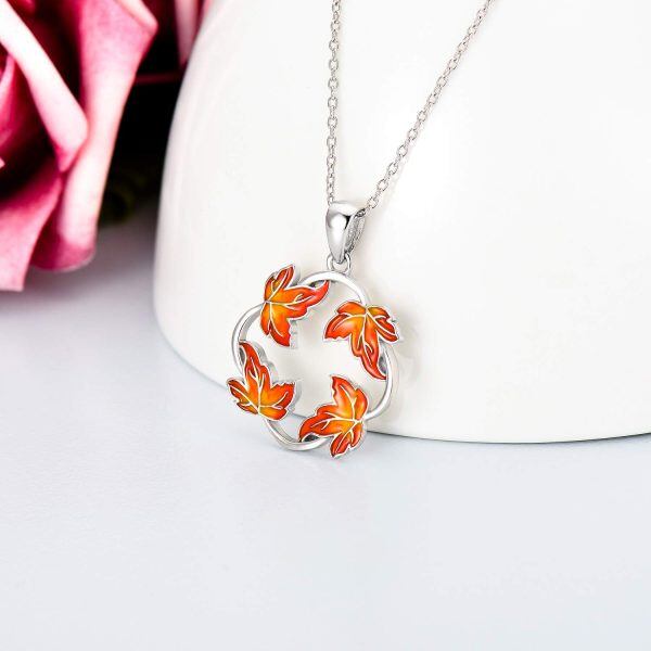 Sterling Silver Silver Plated Maple Fall Leaf Pendant Necklace -4