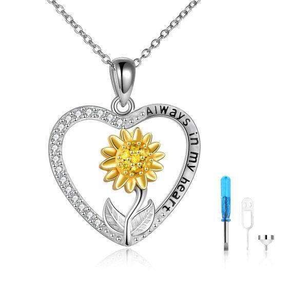 Sterling Silver Zircon Rhodium And Gold Plated Sunflower Heart Urn Necklace-0